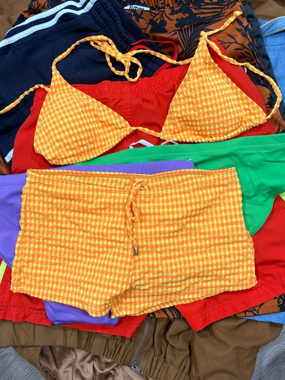 Women’s Orange Checked gingham boy Short bikini Size M